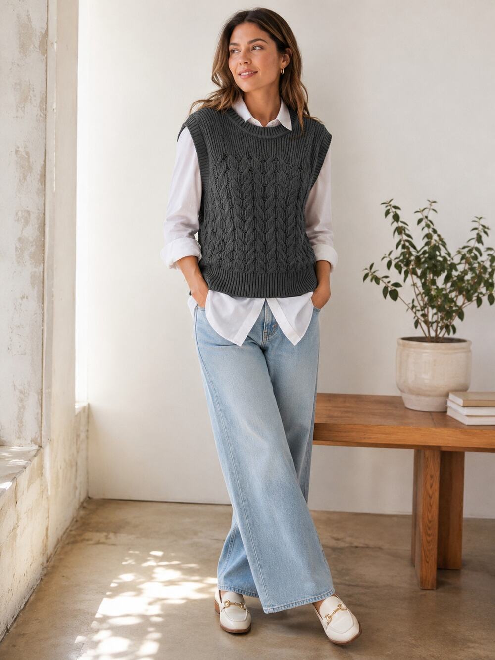 Pact Women's SZ XL 100% Organic Cotton Cable Knit Vest Charcoal Gray